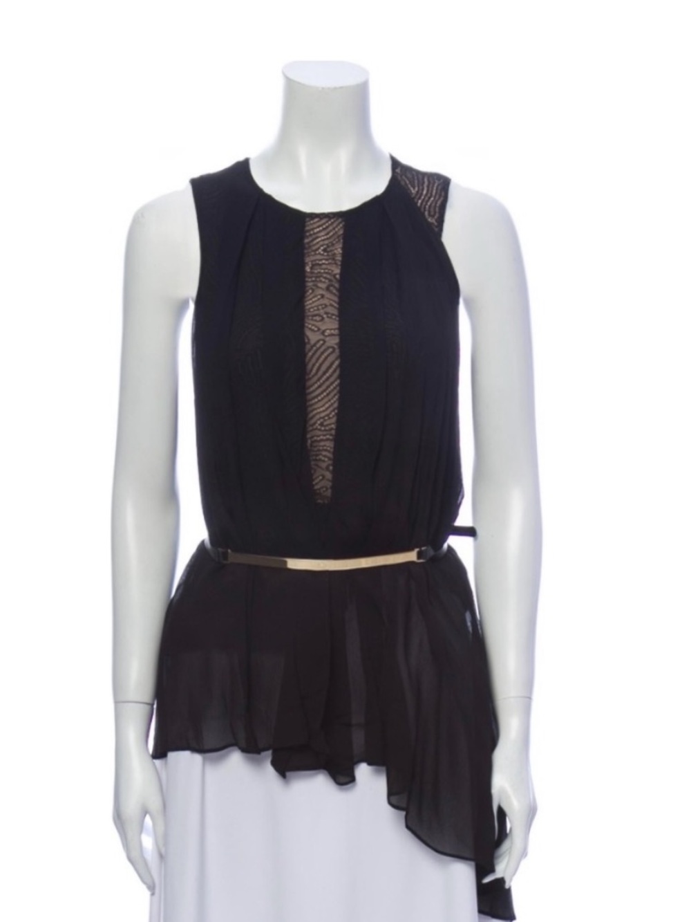 Halston Heritage Black Sheer Peplum Blouse with Lace Inset Size S